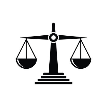 Minimalist black silhouette of a justice scale icon isolated on a white background, representing legal balance, judicial system, and equality for law firms and court concepts.