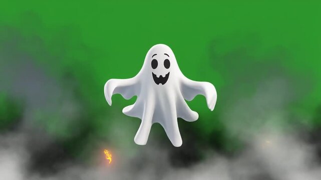 A white ghost with a smiling face floats in front of a green background with fog and trees