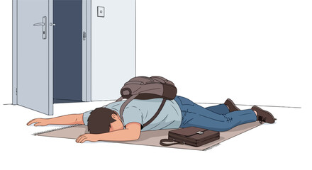 Naklejka premium A man wearing a backpack lies facedown on a rug near an open office doorway
