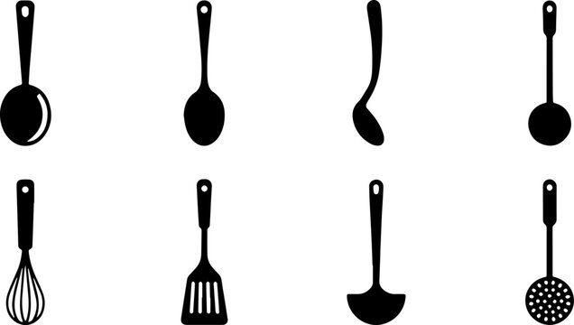 Kitchen Tablespoon Black Flat Icon Set &mdash; Cooking Spoon with Abstract Ingredient Symbol for Recipes, Culinary Branding, Food Blogs and Restaurant Projects, Vector Illustration