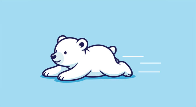 A cute cartoon polar bear cub running fast across a simple light blue background