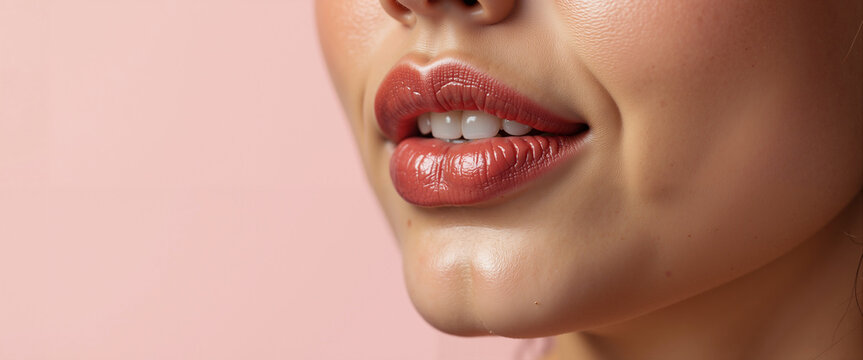 Woman with berry stain lips smiling on pink background, concept of Summer makeup trends  