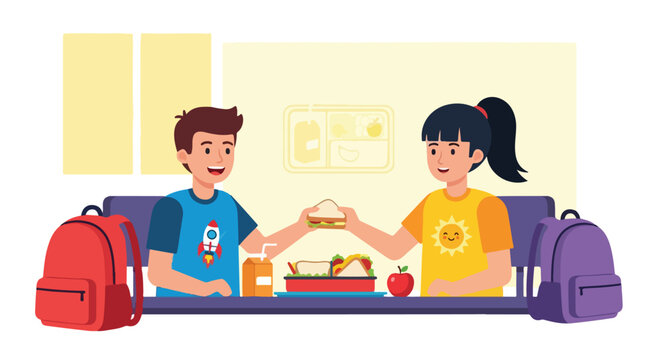 A boy and girl sitting at a school desk eating sandwiches and sharing lunch