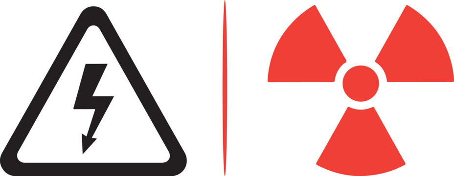 Industrial safety vector set featuring a black high-voltage lightning bolt warning triangle and a red radiation biohazard symbol. Ideal for power, nuclear, and laboratory hazard notification.