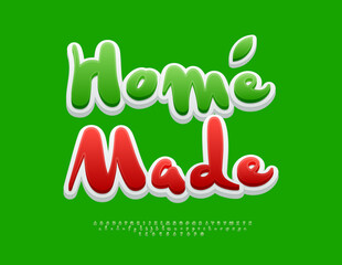 Fototapeta premium Vector Quality sign Home Made. Artistic Handwritten Font. Decorative Green Alphabet Letters and Numbers set.