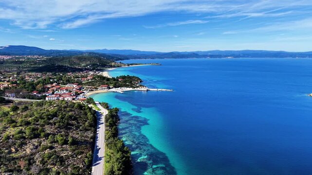 Aerial drone footage of Lagonisi, a small sheltered gulf on the Sithonia peninsula, Chalkidiki
