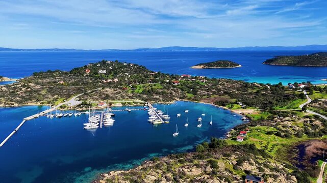 Aerial drone footage of Lagonisi, a small sheltered gulf on the Sithonia peninsula, Chalkidiki