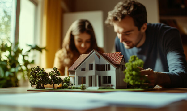 Real estate agent or realtor signing mortgage agreement for new home with couple of happy young clients. Concept of home loan and buying own property. Close up of miniature house.
