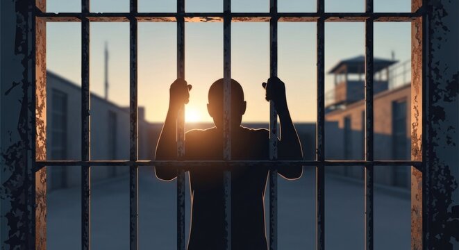 Silhouette of a prisoner behind bars at sunset seeking freedom.