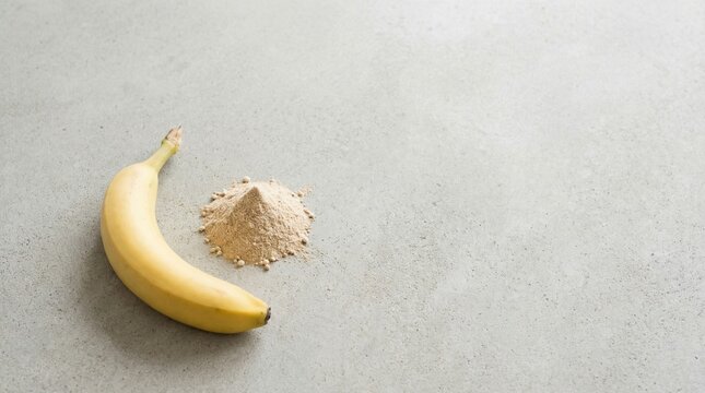 Minimalist health concept: Fresh yellow banana and nutritional supplement powder on a light grey background