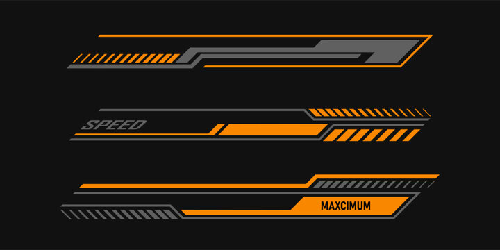 Car race stripes set. Automobile identity. Vehicle marking elements for transport modifying. Speed lines, racing tuning strips or car stickers. Vector illustration isolated on black background