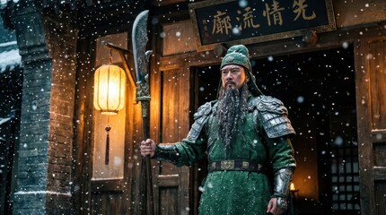 Obraz premium Warrior in Traditional Attire Standing in Snowy Ancient Village Scene