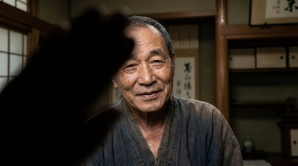 Obraz premium Elderly Man in Traditional Attire Smiling in Japanese Interior Setting