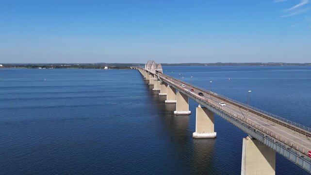 Aerial drone shot of Far&oslash;broerne bridge Denmark on sunny day