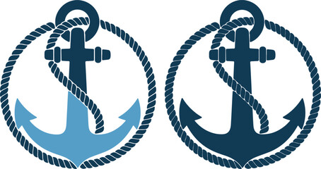 Nautical anchor icons with rope circles in blue colors © PrimeVisuals