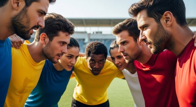 team huddle before kickoff unity and motivation in sports. Teamwork and competition concept