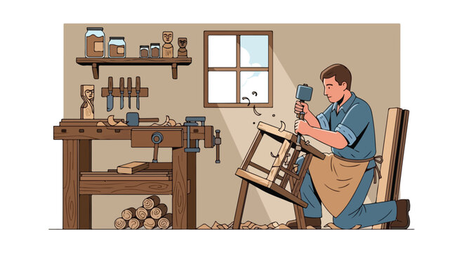 A man in an apron uses a hammer and chisel to carve a wooden chair in his shop