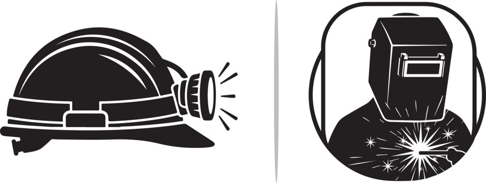 Black and white vector icons of industrial safety gear, featuring a miner's hard hat with a headlamp and a welder wearing a protective mask during metalwork.