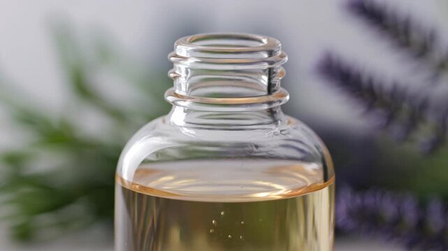 A clear glass bottle filled with yellow liquid sits on a table with lavender flowers and green leaves in the background.