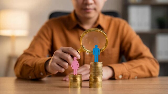 A man with magnifying glass comparing male and female icons on coin stacks symbolizing gender pay gap and wage inequality.