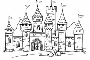 Fototapeta premium Old castle turrets line art coloring page cartoon outline simple black white architecture design