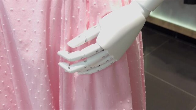 White mechanical robot mannequin hand on pink textured fabric with dot pattern