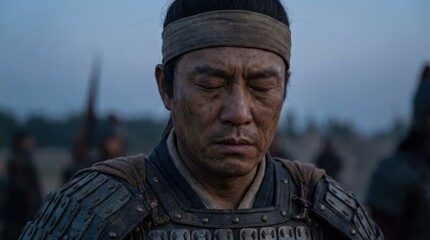 Fototapeta premium Contemplative Warrior in Traditional Armor DuringDusk Battle Scene