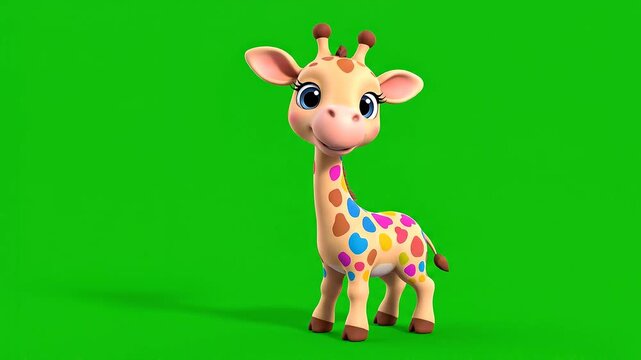 A cute 3D cartoon giraffe with colorful spots stands on a green screen background, creating a fun and playful atmosphere. Perfect for children's educational materials, animations, and kids'