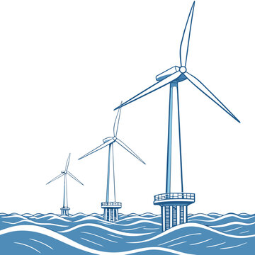 Offshore wind turbines generating renewable energy with ocean waves