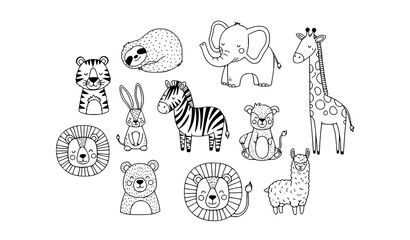 Cute Scandinavian doodle animal circle composition black and white hand drawn vector set for nursery and kids design © Mithun