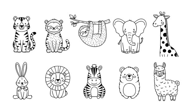 Scandinavian black and white doodle animals set cute hand drawn nursery animal vector collection for kids decor