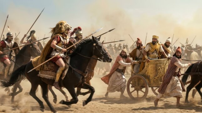 Heroes and Warriors in Epic Ancient Battle Scene with Chariot