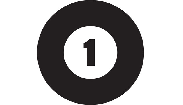 Ball billiard number one with black solid circle and white contrast number one inside on plain white background.