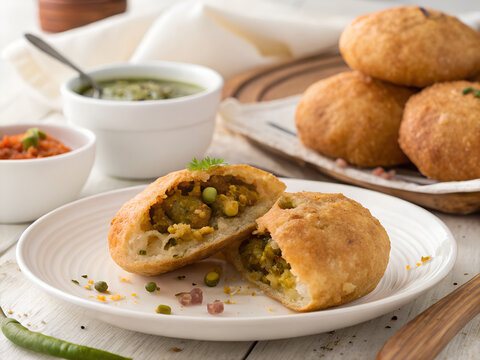 Kachori with filling visible, rustic but clean styling