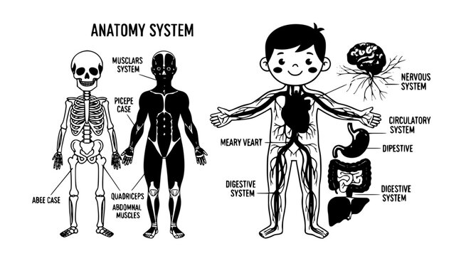 Kids anatomy body systems chart cute cartoon boy vector EPS10 isolated on white