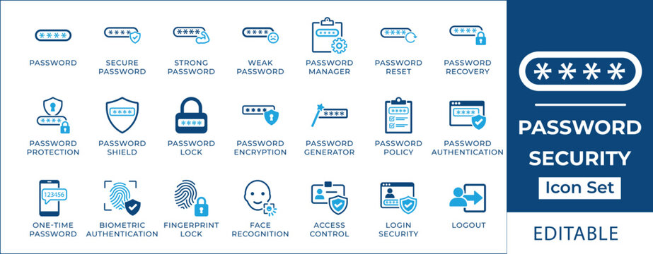 Password security icon set featuring user authentication, biometric login, fingerprint lock, face recognition, secure password manager, and data protection symbols.