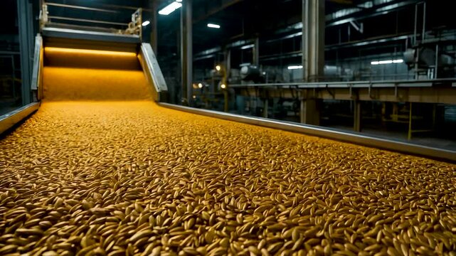 Grains flowing along conveyor inside industrial processing facility with warm lighting and large volume of harvest moving through production system