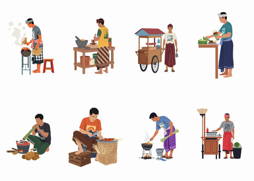 Traditional Balinese Street Food Vendors and Cooks Preparing Satay on Charcoal Grills, Flat Vector Illustration Isolated on White Background.