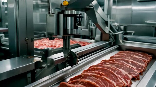 Automated meat slicing machine processing raw cuts on conveyor in modern food factory with stainless equipment and hygienic industrial setting