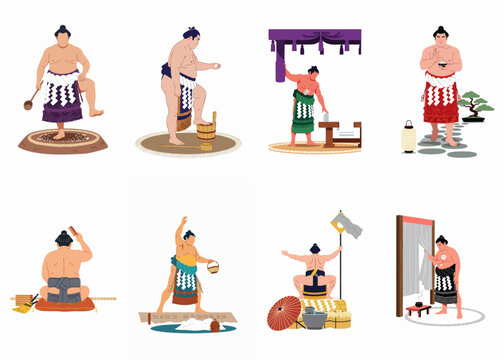 Flat illustration set depicting traditional Japanese sumo wrestlers performing various rituals, ceremonies, and daily activities in their decorative kesho-mawashi aprons.
