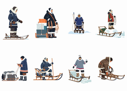 Collection of Arctic Inuit Characters in Traditional Winter Clothing with Sleds and Survival Gear Illustrations Isolated on White Background