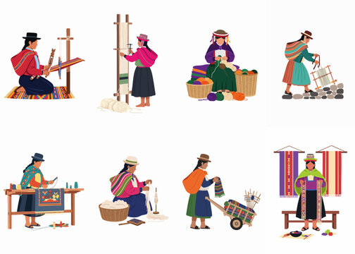 Set of vector illustrations featuring indigenous Andean women in traditional dress performing textile crafts like weaving, spinning, and knitting handmade wool products.