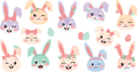 Fototapeta premium Cute Easter bunny faces collection with eggs and flowers pastel rabbit characters vector illustration set