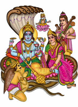 hand drawn digital art of lord lakshmi narayan & others