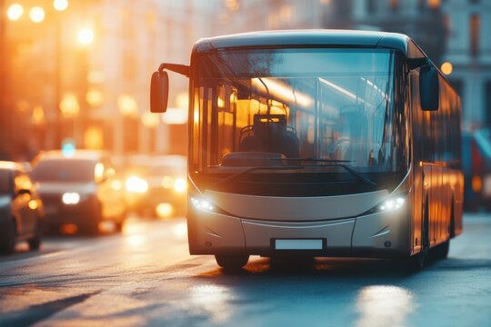 Modern bus navigates bustling city streets at golden hour