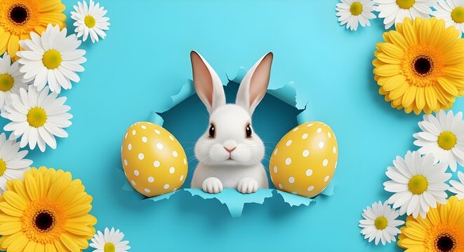 Cute white easter bunny peeking through a torn blue paper background with yellow polka dot eggs and daisy flowers