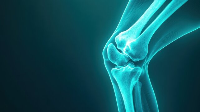 Teal-lit knee x-ray reveals arthritis damage