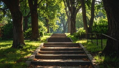 Obraz premium A serene pathway lined with trees and steps leading into the distance