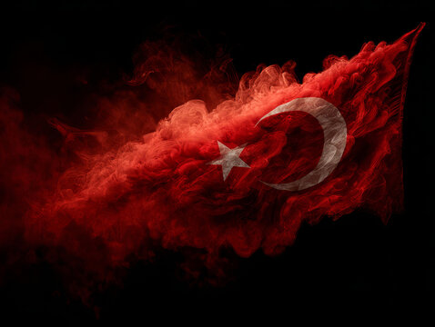 Abstract Turkish Flag with Red Smoke Effect and Crescent Star on Dark Background: A Patriotic Symbol of Turkey's National Pride and Cultural Identity