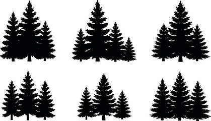 Obraz premium Pine tree silhouettes collection with forest elements, evergreen trees set, nature landscape illustration, black vector icons, woodland design concept